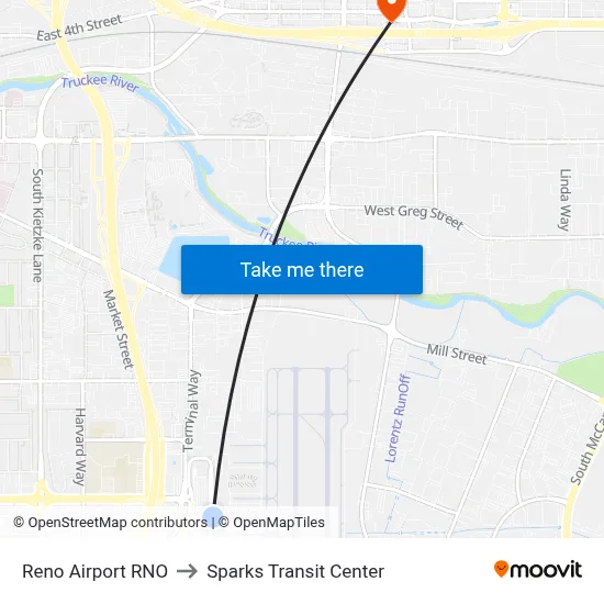 Reno Airport RNO to Sparks Transit Center map