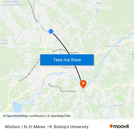 Windsor / N.-D.-Mères to Bishop's University map
