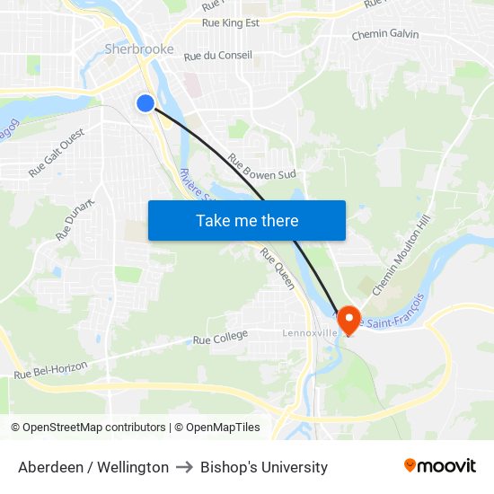 Aberdeen / Wellington to Bishop's University map