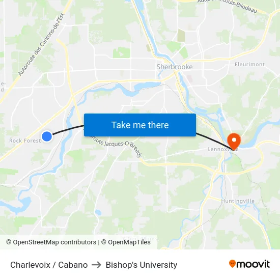 Charlevoix / Cabano to Bishop's University map