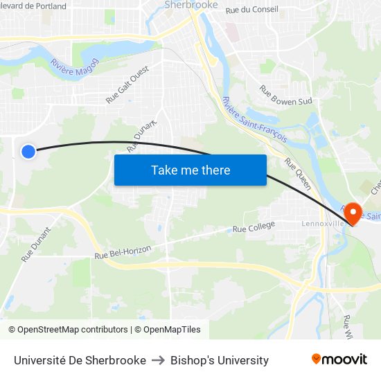 Université De Sherbrooke to Bishop's University map