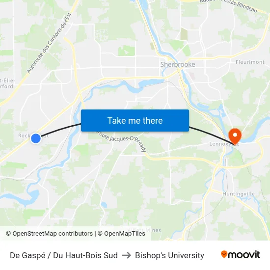 De Gaspé / Du Haut-Bois Sud to Bishop's University map