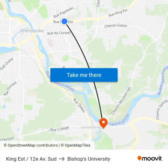 King Est / 12e Av. Sud to Bishop's University map