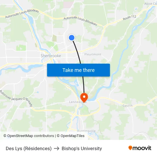 Des Lys (Résidences) to Bishop's University map