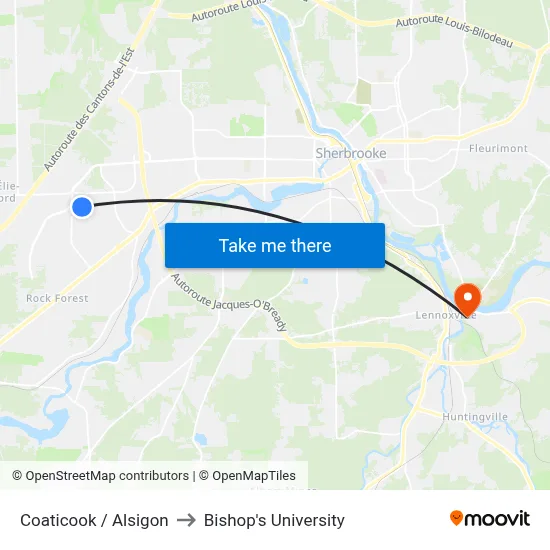 Coaticook / Alsigon to Bishop's University map