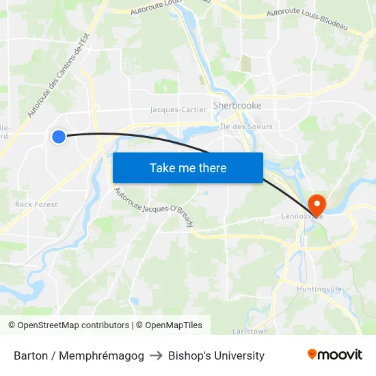 Barton / Memphrémagog to Bishop's University map