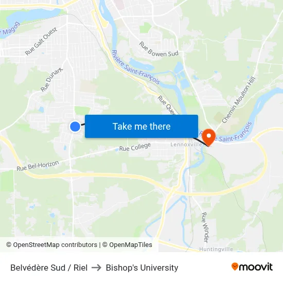 Belvédère Sud / Riel to Bishop's University map