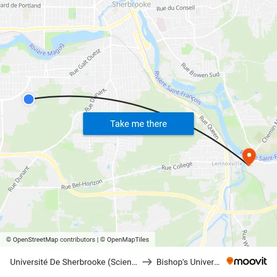 Université De Sherbrooke (Sciences) to Bishop's University map