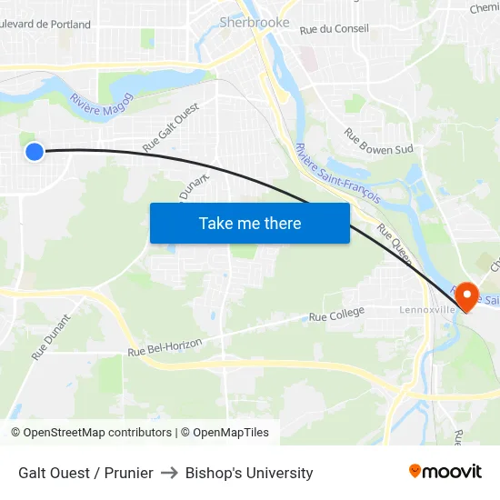 Galt Ouest / Prunier to Bishop's University map