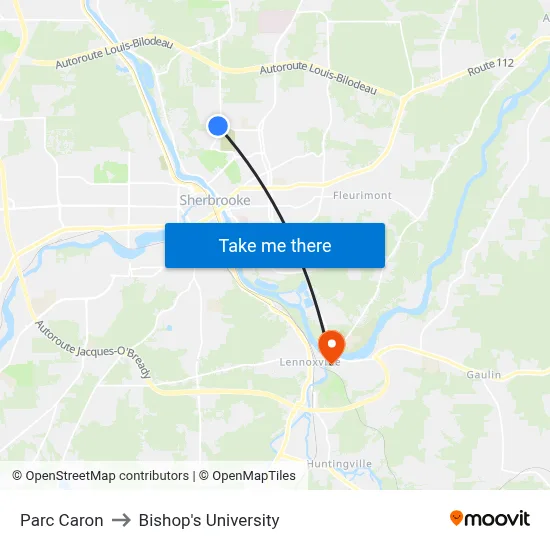 Parc Caron to Bishop's University map