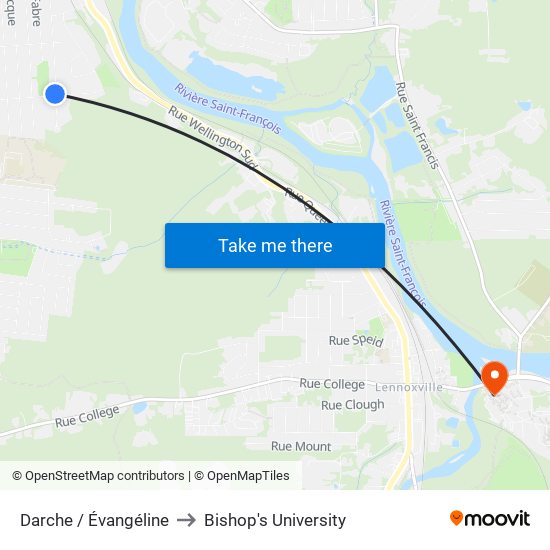 Darche / Évangéline to Bishop's University map