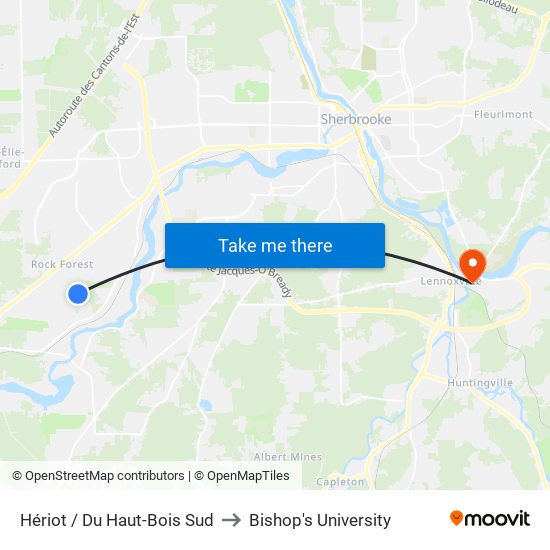 Hériot / Du Haut-Bois Sud to Bishop's University map