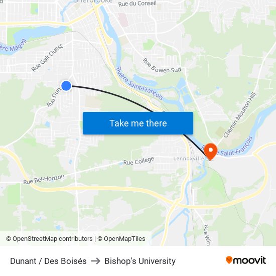 Dunant / Des Boisés to Bishop's University map