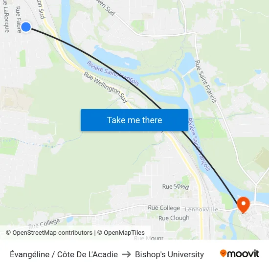 Évangéline / Côte De L'Acadie to Bishop's University map