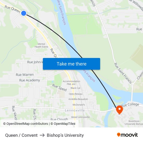 Queen / Convent to Bishop's University map