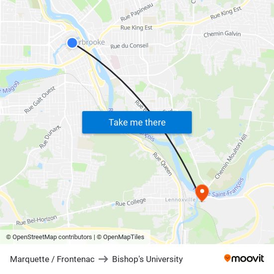 Marquette / Frontenac to Bishop's University map