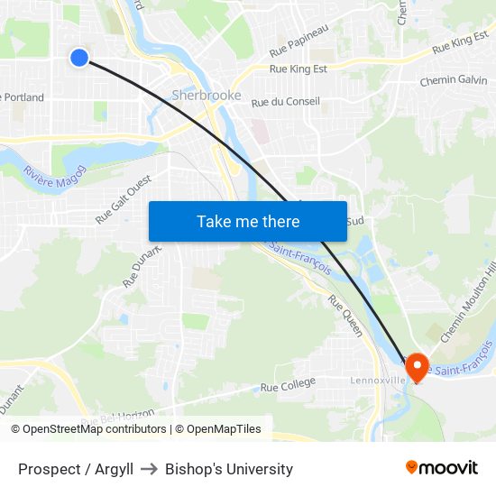 Prospect / Argyll to Bishop's University map