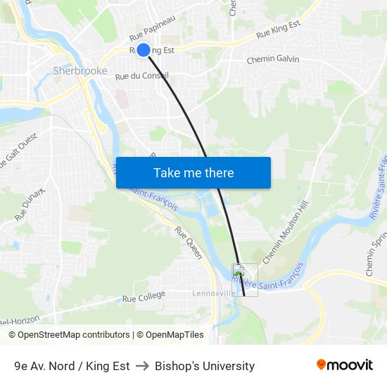 9e Av. Nord / King Est to Bishop's University map