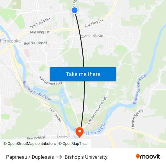Papineau / Duplessis to Bishop's University map