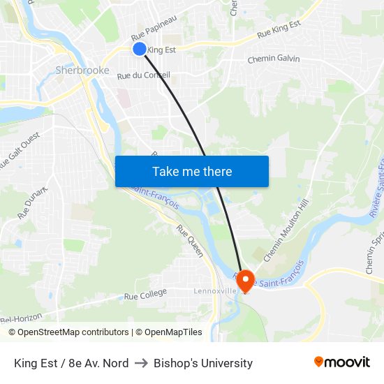 King Est / 8e Av. Nord to Bishop's University map