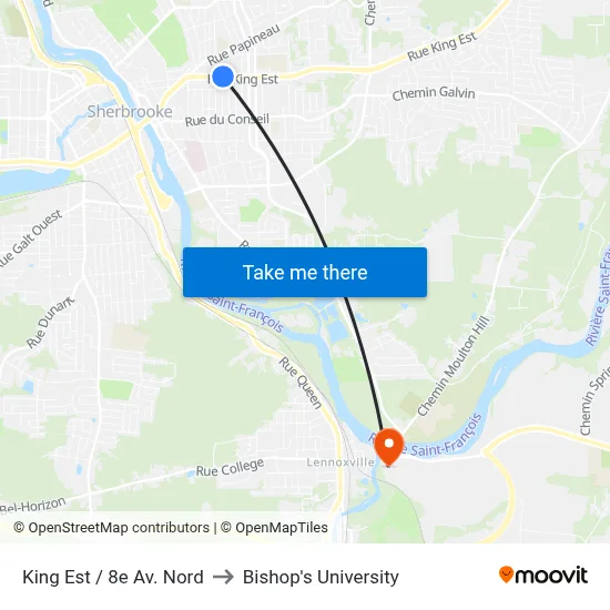 King Est / 8e Av. Nord to Bishop's University map