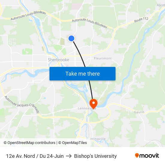 12e Av. Nord / Du 24-Juin to Bishop's University map