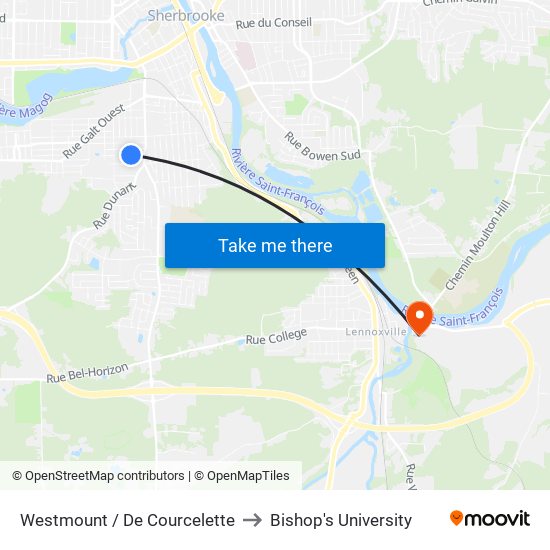 Westmount / De Courcelette to Bishop's University map