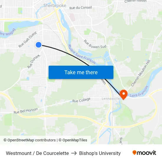 Westmount / De Courcelette to Bishop's University map