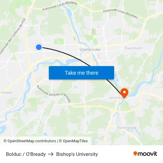 Bolduc / O'Bready to Bishop's University map