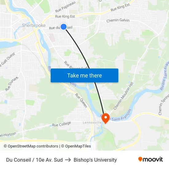 Du Conseil / 10e Av. Sud to Bishop's University map