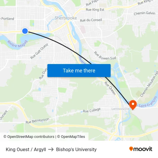 King Ouest / Argyll to Bishop's University map