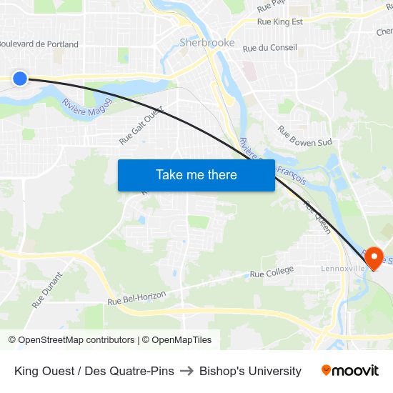 King Ouest / Des Quatre-Pins to Bishop's University map