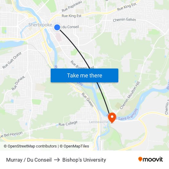 Murray / Du Conseil to Bishop's University map