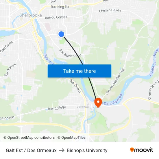 Galt Est / Des Ormeaux to Bishop's University map