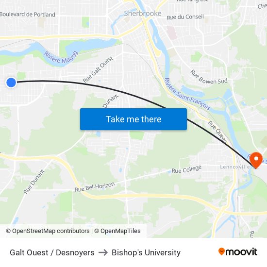 Galt Ouest / Desnoyers to Bishop's University map