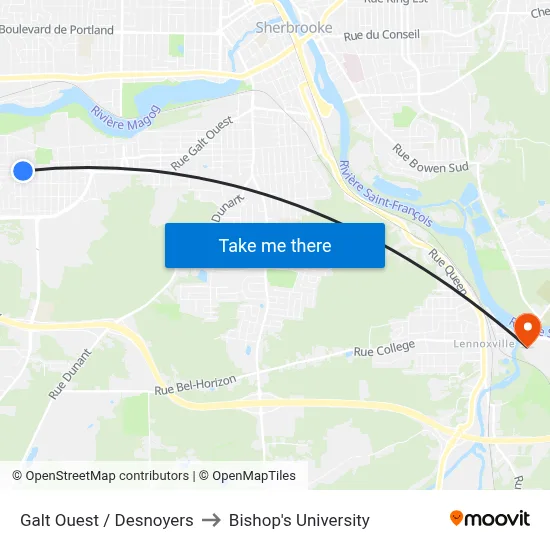 Galt Ouest / Desnoyers to Bishop's University map