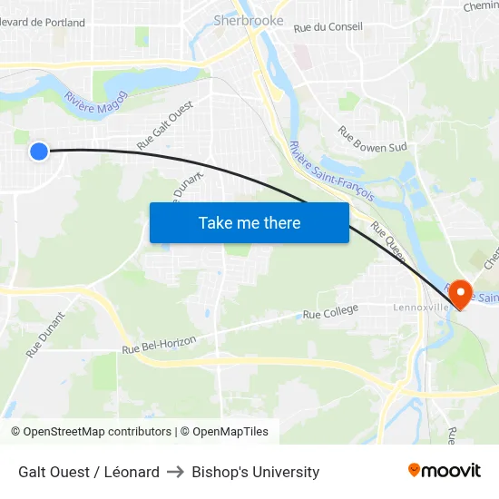Galt Ouest / Léonard to Bishop's University map