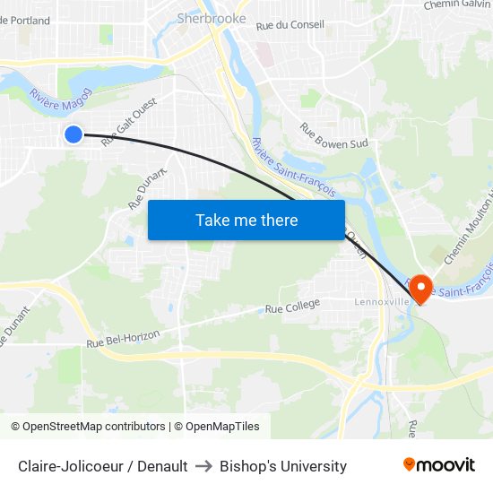 Claire-Jolicoeur / Denault to Bishop's University map