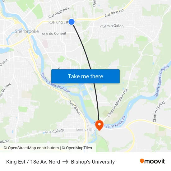 King Est / 18e Av. Nord to Bishop's University map