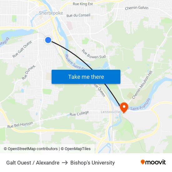 Galt Ouest / Alexandre to Bishop's University map