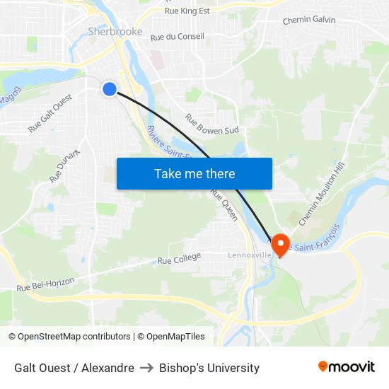 Galt Ouest / Alexandre to Bishop's University map