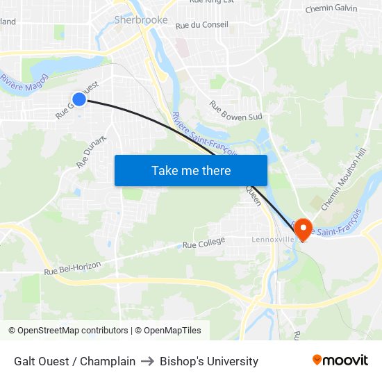 Galt Ouest / Champlain to Bishop's University map