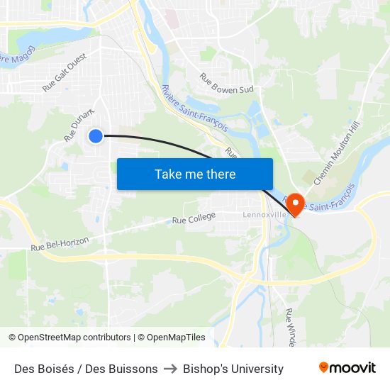 Des Boisés / Des Buissons to Bishop's University map
