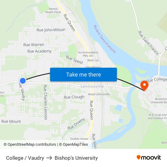 College / Vaudry to Bishop's University map