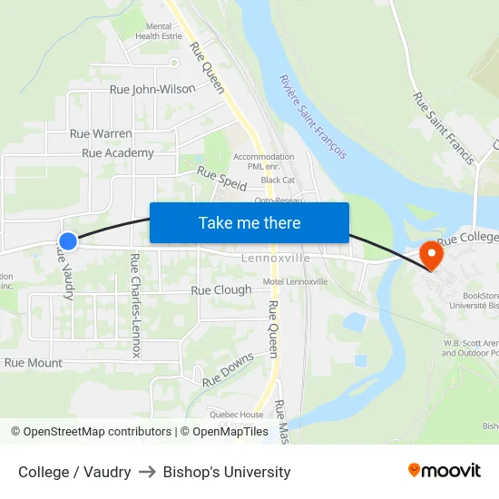 College / Vaudry to Bishop's University map