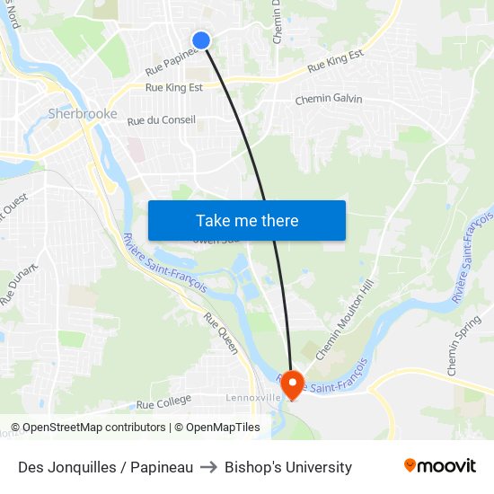 Des Jonquilles / Papineau to Bishop's University map