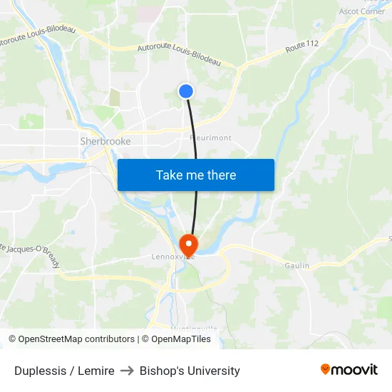 Duplessis / Lemire to Bishop's University map