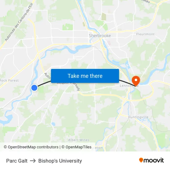 Parc Galt to Bishop's University map