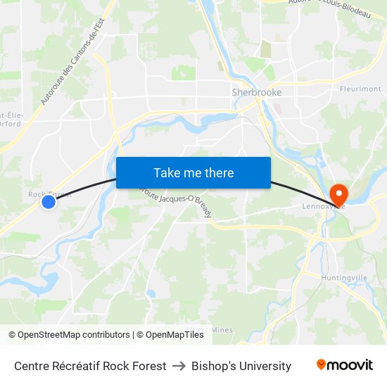 Centre Récréatif Rock Forest to Bishop's University map