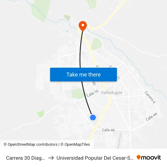 Carrera 30 Diagonal 19 to Universidad Popular Del Cesar-Sede Hurtado map